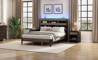 3 Pieces Bedroom Sets Mid Century Modern Style Queen Bed Frame with Bookshelf and LED Lights and USB