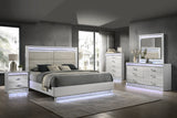 White Wood Queen Bedroom Set with LED Headboard, Modern Glam Design