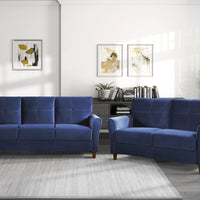 Modern Living Room Sofa Set 2pcs Comfort Sofa Loveseat Plush Seatbacks Tufted Detail Blue Velvet Upholstery Solid Wood