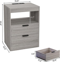 Led Nightstands Set Of 2, Grey Nightstand With Wireless Charging Station 2 Drawers, Modern Bedroom