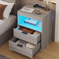 Led Nightstands Set Of 2, Grey Nightstand With Wireless Charging Station 2 Drawers, Modern Bedroom