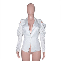 Sexy Fashion White Coat  Women Bubble Long-sleeved Cold Shoulder Suit Jacket Stylish Clothing for Laides