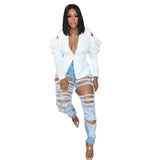 Sexy Fashion White Coat  Women Bubble Long-sleeved Cold Shoulder Suit Jacket Stylish Clothing for Laides