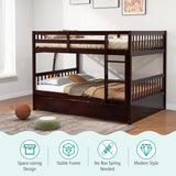 Full Bunk Bed with Trundle, Solid Wood Trundle Bed Frame w/Guardrails and Ladder, Convertible to 2 Beds