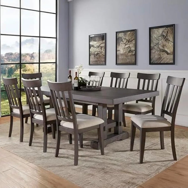 Dining Table Set, 72"-90"-108" Dining Table w/ 2-18" Leaves, 8 Upholstered Side Dining Chairs