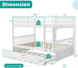 Full Bunk Bed with Trundle, Solid Wood Trundle Bed Frame w/Guardrails and Ladder, Convertible to 2 Beds