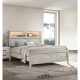 Queen Size Bed with Headboard, Shelves, and Lighting in White Wash Finish