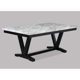 7pc Dining Table Set - White Marble & Black Finish, Black Faux Leather Upholstered Chairs