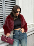 Fall/Winter Women's Fashionable Elegant Minimalist Burgundy Long Sleeve Short Faux Fur Coat, New Arrival
