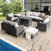 10 Piece Luxury Patio Furniture Set with 44" Fire Pit Table All Weather Outdoor Sectional with Thick Cushions
