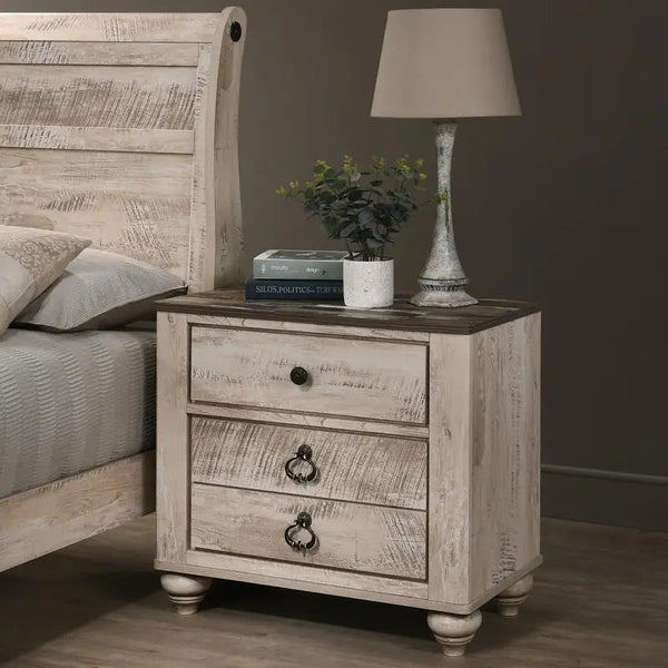 King Sleigh Bed Bedroom Set with White Wash Finish, Dresser, Mirror