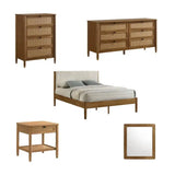 5-Piece Rubberwood Bedroom Set with Upholstered Queen Bed, Dresser, Mirror, Nightstand