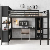 Queen Size Metal Loft Bed with Wardrobe & L-shaped Desk, Heavy Duty Storage Bed