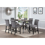 rectangular dining table, 6 high chairs, charcoal fabric cluster back tabletop chairs