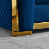 81" Luxury Velvet Chesterfield Sofa Set, Tufted 3 Seat Couch with Gold Stainless for Living Room, Navy Blue Fabric