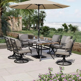 Dining Set for 6, E-Coated Patio Swivel Dining Set with Olefin Cushions,Rectangular Faux Woodgrain Table