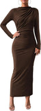 Women Bodycon Maxi Dress Long Sleeve Back Slit Ruched Elegant Party Cocktail Formal