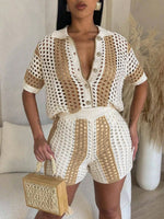 Christmas Gift Women's Color Block Knit 2-Piece Shorts Set - Crochet Cutout Button Short Sleeve Shirt & Shorts