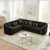 110.5" Luxury Velvet L-Shaped Chesterfield Sofa with Gold Stainless Steel Accents