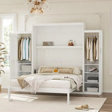 Queen Size Murphy Bed with 2 Wardrobes and Storage Shelf, Multifunctional Foldable Bed Frame
