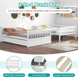 Full Bunk Bed with Trundle, Solid Wood Trundle Bed Frame w/Guardrails and Ladder, Convertible to 2 Beds