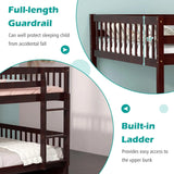 Full Bunk Bed with Trundle, Solid Wood Trundle Bed Frame w/Guardrails and Ladder, Convertible to 2 Beds