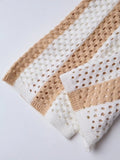 Christmas Gift Women's Color Block Knit 2-Piece Shorts Set - Crochet Cutout Button Short Sleeve Shirt & Shorts