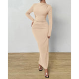Women Bodycon Maxi Dress Long Sleeve Back Slit Ruched Elegant Party Cocktail Formal