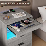 Led Nightstands Set Of 2, Grey Nightstand With Wireless Charging Station 2 Drawers, Modern Bedroom