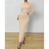 Women Bodycon Maxi Dress Long Sleeve Back Slit Ruched Elegant Party Cocktail Formal