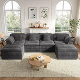 Sectional Couch with Ottoman Modern Upholstered Compressed Sofa Deep Seat, Comfy U-Shape Corduroy Couches