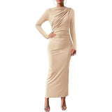 Women Bodycon Maxi Dress Long Sleeve Back Slit Ruched Elegant Party Cocktail Formal