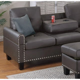 Leather Living Room Furniture 3-PCS Sectional Sofa Set Sofa  Chaise And Storage Ottoman Cup Holder Couch