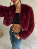 Fall/Winter Women's Fashionable Elegant Minimalist Burgundy Long Sleeve Short Faux Fur Coat, New Arrival
