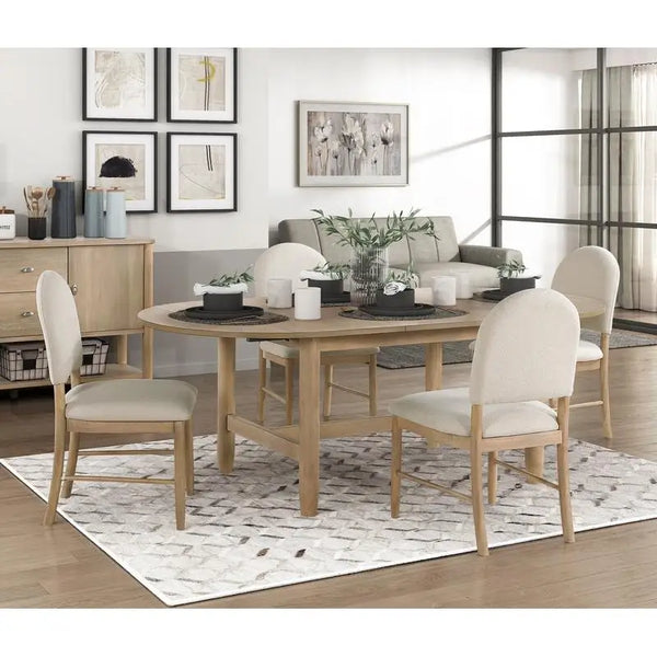Elegant Luxury 5-Piece Dining Set with Natural Finish Oval Table and 4 Beige Upholstered Side Chairs