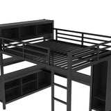 Queen Size Metal Loft Bed with Wardrobe & L-shaped Desk, Heavy Duty Storage Bed