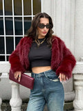 Fall/Winter Women's Fashionable Elegant Minimalist Burgundy Long Sleeve Short Faux Fur Coat, New Arrival