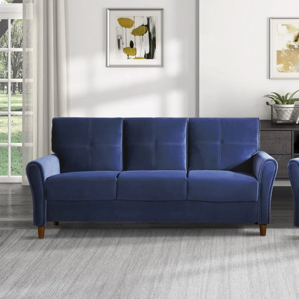 Modern Living Room Sofa Set 2pcs Comfort Sofa Loveseat Plush Seatbacks Tufted Detail Blue Velvet Upholstery Solid Wood