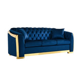 81" Luxury Velvet Chesterfield Sofa Set, Tufted 3 Seat Couch with Gold Stainless for Living Room, Navy Blue Fabric