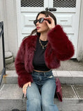 Fall/Winter Women's Fashionable Elegant Minimalist Burgundy Long Sleeve Short Faux Fur Coat, New Arrival