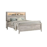 Queen Size Bed with Headboard, Shelves, and Lighting in White Wash Finish