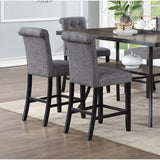 rectangular dining table, 6 high chairs, charcoal fabric cluster back tabletop chairs