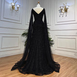 Serene Hill Black Arabic Cape Sleeves Evening Dresses Gowns 2023 Luxury Beaded A-Line For Women