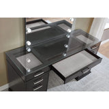 Vanity Set with A series of glitzy bulbs line the large full-bleed mirror Gray