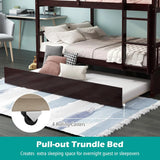 Full Bunk Bed with Trundle, Solid Wood Trundle Bed Frame w/Guardrails and Ladder, Convertible to 2 Beds