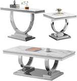 3 Pieces Living Room Table Set, Faux Marble Coffee Table Console with End Side Table
