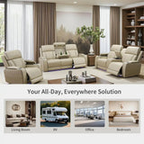 Beige Leather Reclining Sofa and Loveseat Set with Drop-Down Table for Living Room