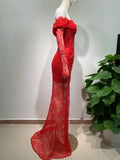 Fashionable Gloves Strapless Lace High Slit Red Lace Long Dress Celebrity Birthday Party Evening Dress stage