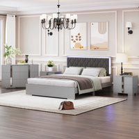 4-Pieces Bedroom Sets Queen Size Upholstered Bed with LED Lights,Mirrored Nightstands and Dresser