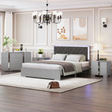 4-Pieces Bedroom Sets Queen Size Upholstered Bed with LED Lights,Mirrored Nightstands and Dresser